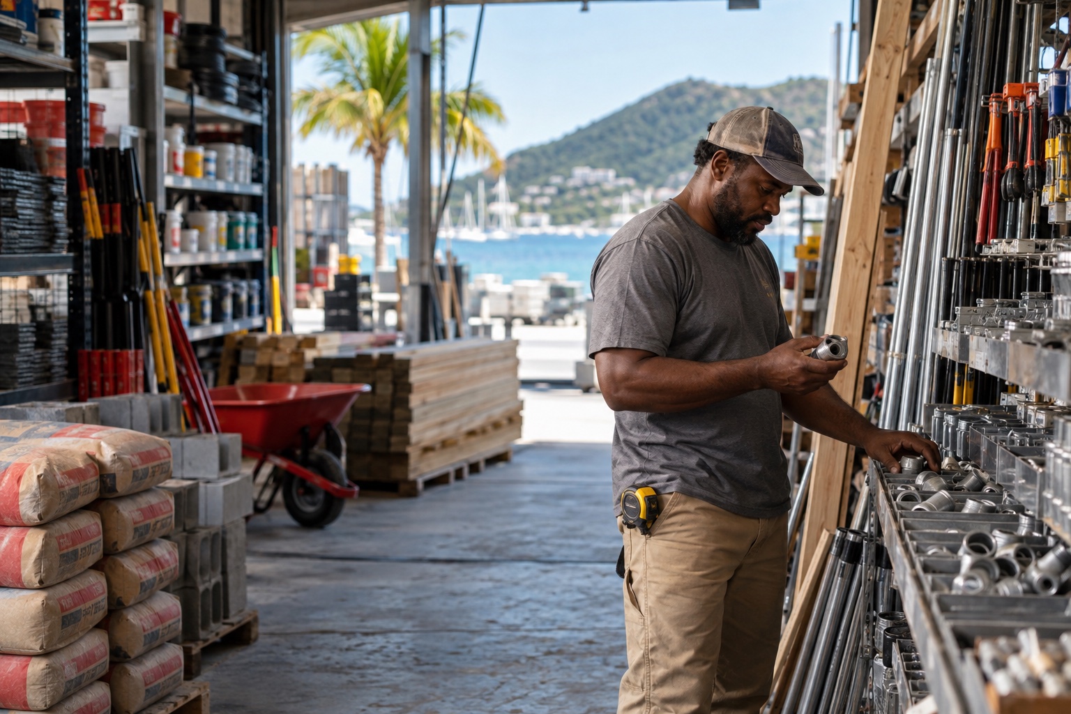 Contractor reviewing building materials in a bright Caribbean hardware store